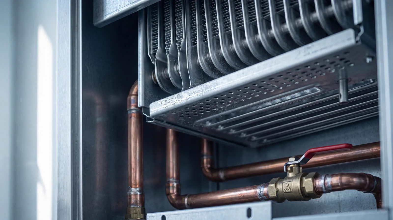 Intérieur d'une chaudière au gaz : échangeur de chaleur à ailettes, raccords de cuivre et vanne à bille