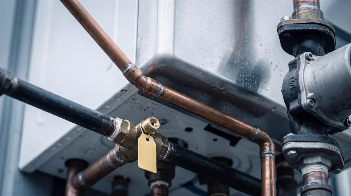 Bouilloire au gaz naturel : raccords de cuivre, conduite de gaz et vanne d'arrêt étiquetée
